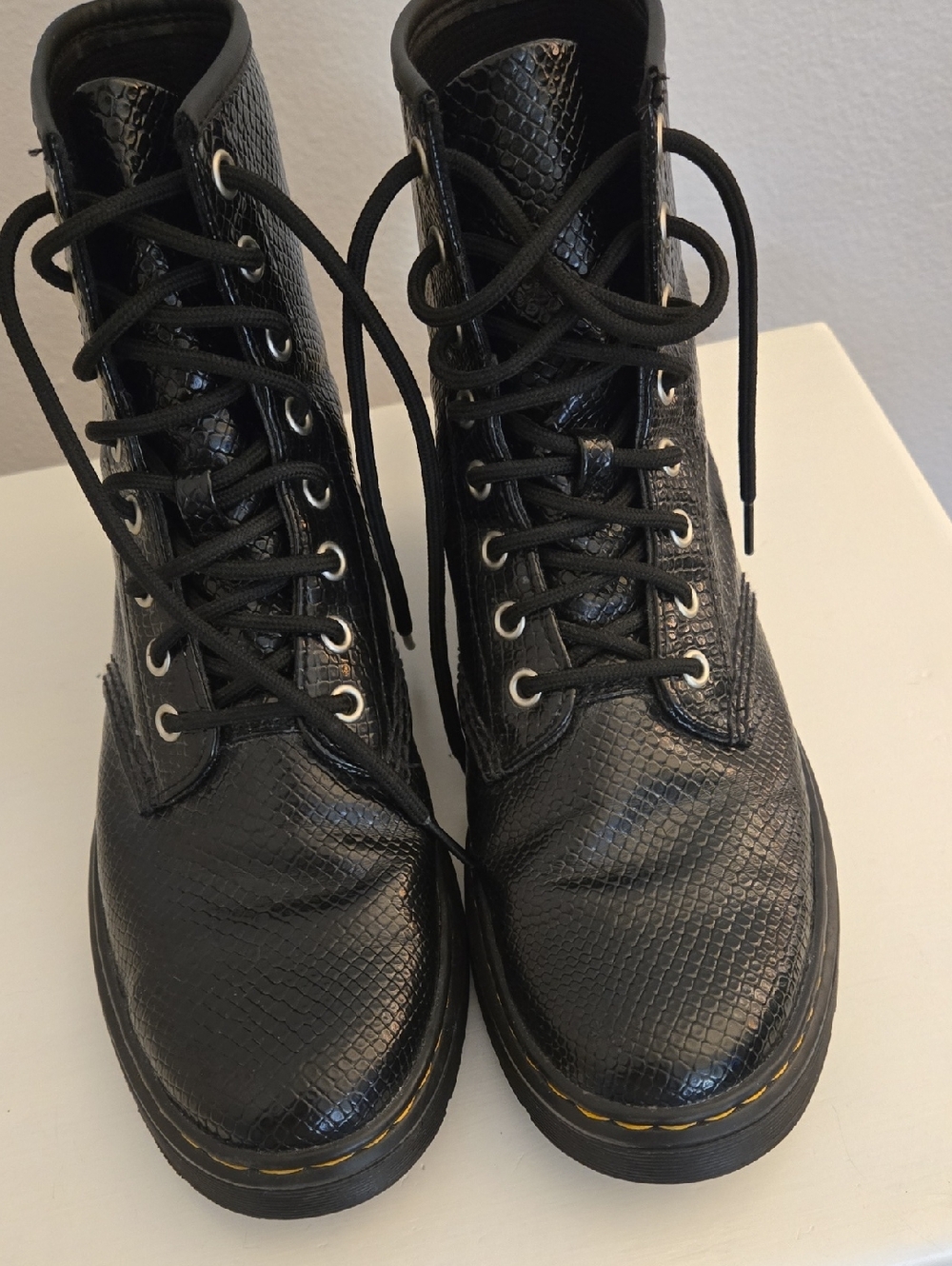Dr. Martens Black Faux-Snakeskin Lace-Up Boots